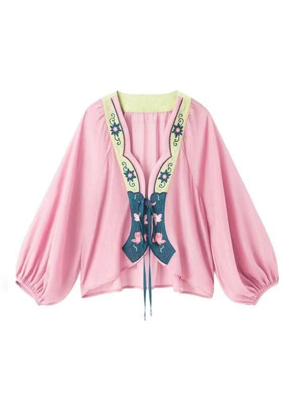 Original Design Pink Embroideried Lace Up Chiffon Cardigans Lantern Sleeve
