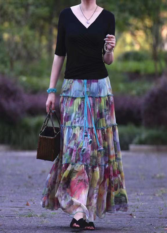 Original Design Print Ruffled Patchwork Exra Large Hem Silk Skirt Spring