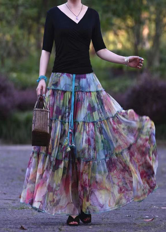 Original Design Print Ruffled Patchwork Exra Large Hem Silk Skirt Spring
