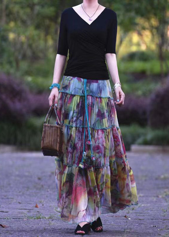 Original Design Print Ruffled Patchwork Exra Large Hem Silk Skirt Spring