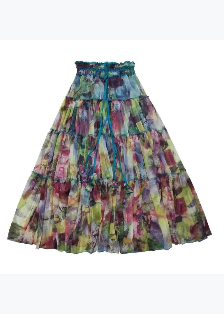 Original Design Print Ruffled Patchwork Exra Large Hem Silk Skirt Spring