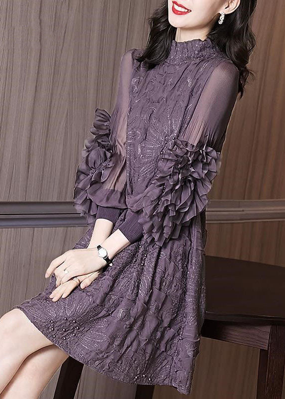 Original Design Purple Stand Collar Embroidered Nail Bead Silk Maxi Dress Long Sleeve