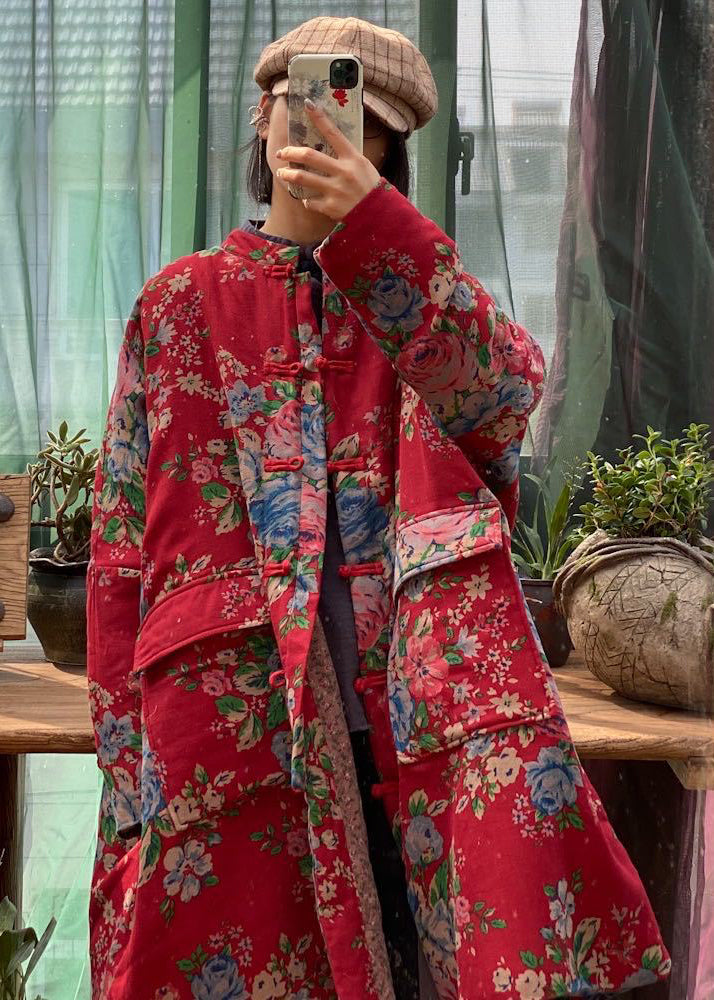 Original Design Red Print Pockets Plus Size Fine Cotton Filled Coat Winter