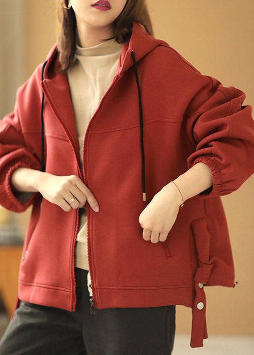 Original Design Red Zip Up Pockets Cotton Hooded Coat Fall