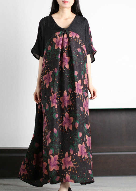 Original Design Rose Print V Neck Patchwork Silk Party Dress Batwing Sleeve - Omychic