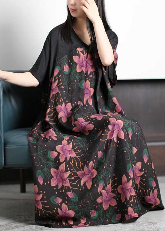Original Design Rose Print V Neck Patchwork Silk Party Dress Batwing Sleeve - Omychic