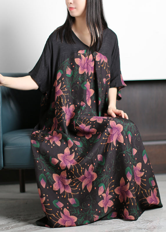 Original Design Rose Print V Neck Patchwork Silk Party Dress Batwing Sleeve - Omychic