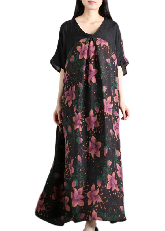 Original Design Rose Print V Neck Patchwork Silk Party Dress Batwing Sleeve - Omychic