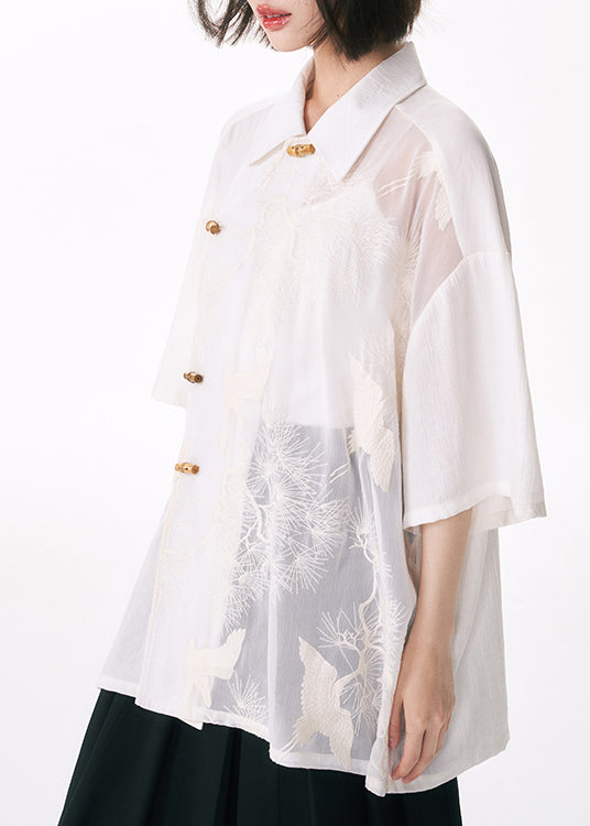 Original Design White Embroideried Tulle Patchwork Cotton Shirt Summer