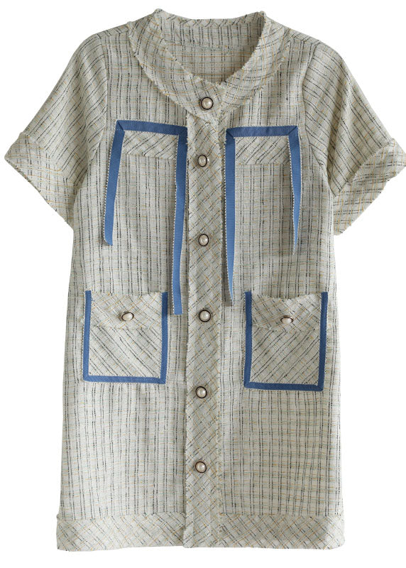 Original Design White O-Neck Plaid Print Button Cotton Dress Short Sleeve