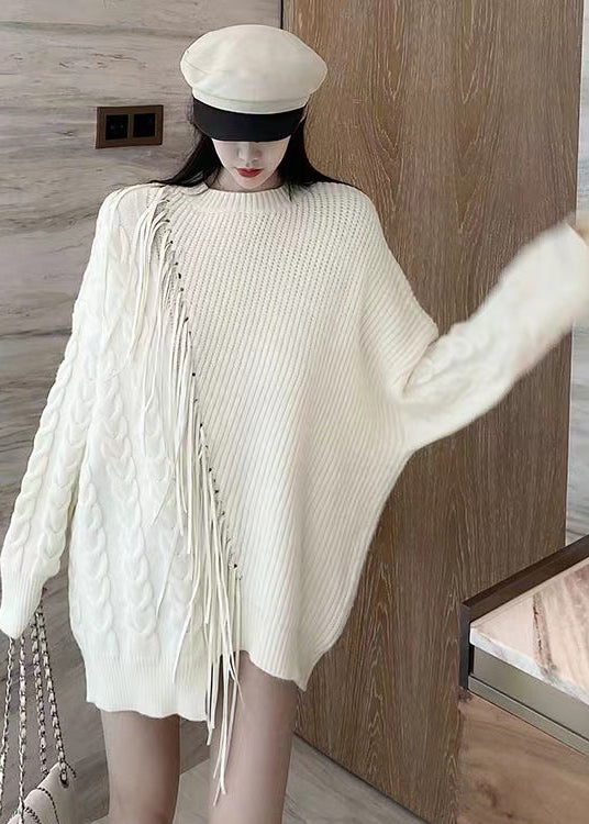 Original Design White O Neck Tasseled Patchwork Knit Sweater Fall