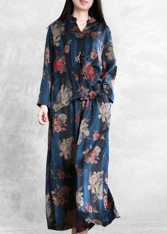 Original Elegant Chiffon Blue Print V-Neck Top And Wide Leg Pants Two Pieces