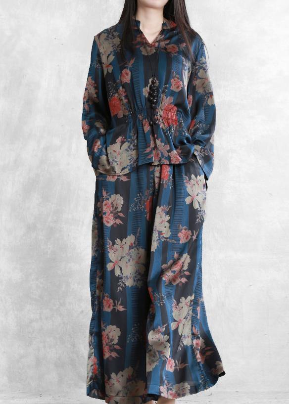 Original Elegant Chiffon Blue Print V-Neck Top And Wide Leg Pants Two Pieces