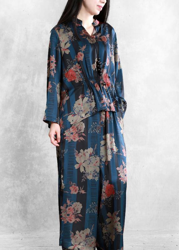 Original Elegant Chiffon Blue Print V-Neck Top And Wide Leg Pants Two Pieces