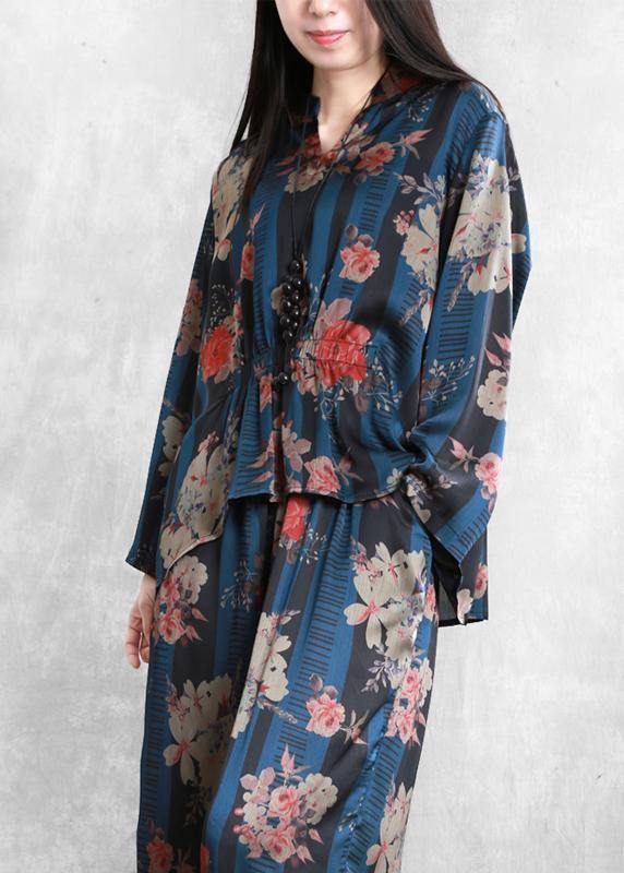 Original Elegant Chiffon Blue Print Set Loose V-Neck Top + Casual Wide Leg Pants