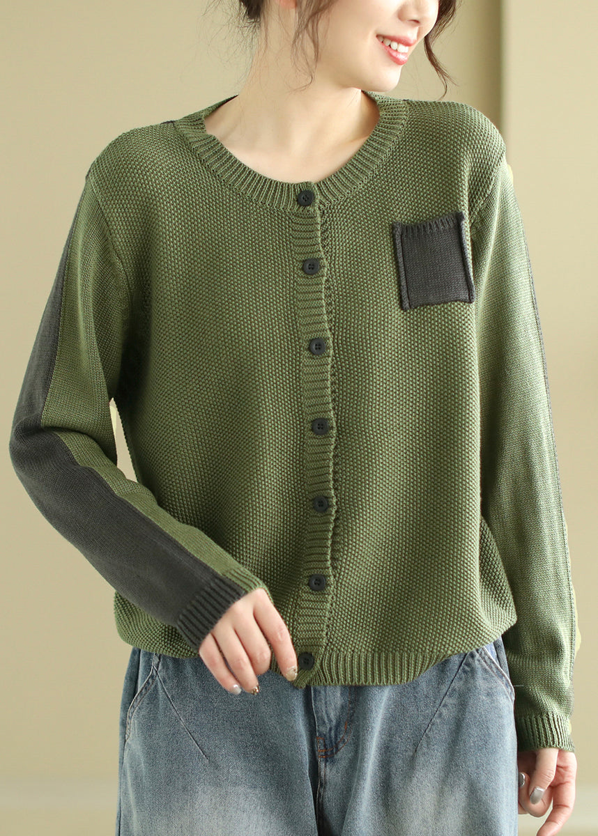 Original Green O Neck Button Patchwork Knit Cardigan Spring