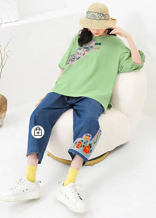 Original Green O-Neck Embroideried Cotton T Shirts Summer