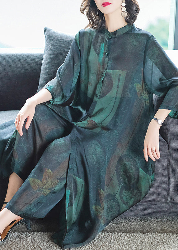 Original Green Pockets Print Thin Silk Shirt Dress And Wide Leg Pants Two Piece Outfit Summer