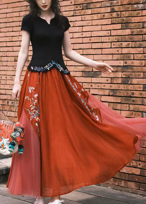 Original Orange Embroideried Patchwork Elastic Waist Tulle Skirts Summer