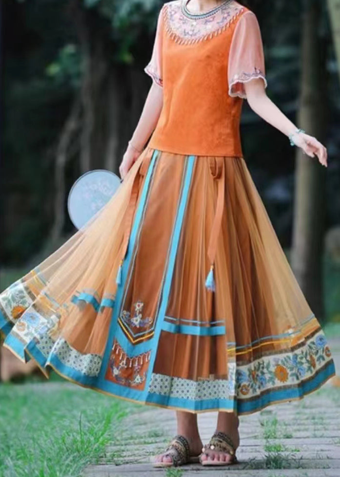 Original Vintage Orange Wrinkled Print High Waist Tulle Skirt Spring
