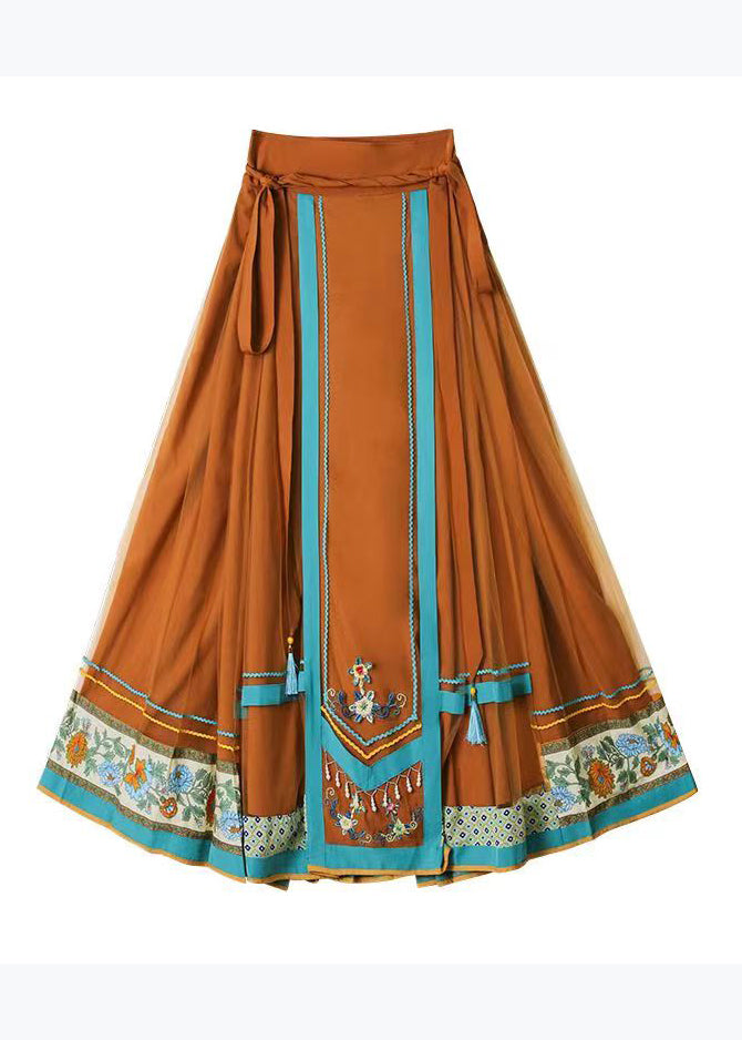 Original Vintage Orange Wrinkled Print High Waist Tulle Skirt Spring