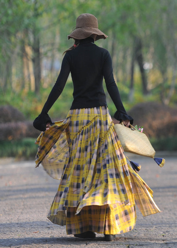 Original Yellow Wrinkled Plaid Patchwork Cotton Asymmetrical Skirt Spring