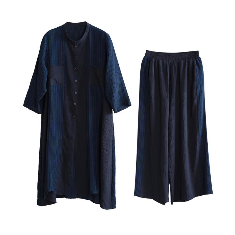 Original retro style casual suit female 2020 spring loose thin dark blue shirt wide leg pants - Omychic