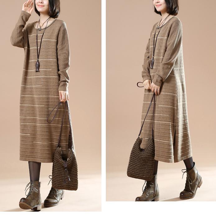 Original Khaki long knit dresses winter sweaters people coming and going - Omychic
