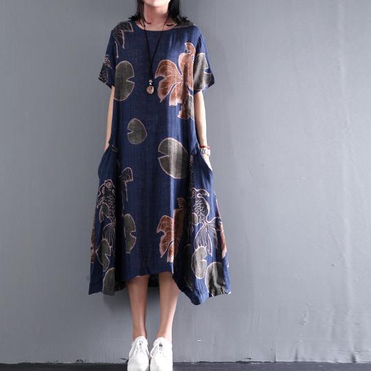 Original Navy floral print linen sundress plus size summer maxi dresses caftan gown - Omychic