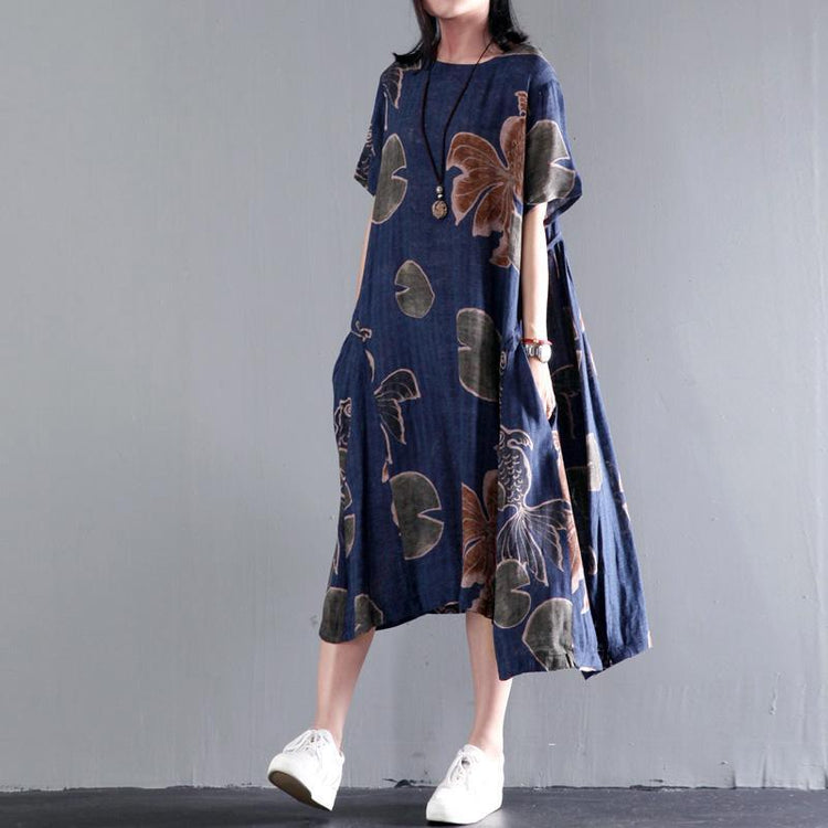 Original Navy floral print linen sundress plus size summer maxi dresses caftan gown - Omychic