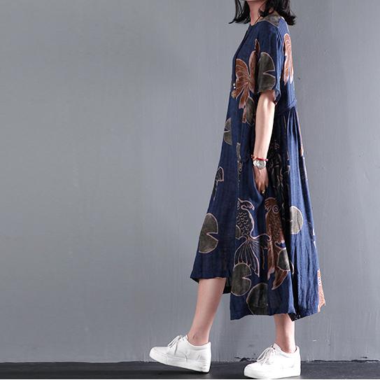 Original Navy floral print linen sundress plus size summer maxi dresses caftan gown - Omychic