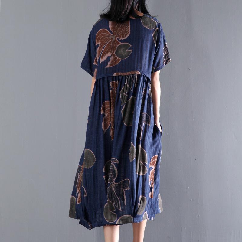 Original Navy floral print linen sundress plus size summer maxi dresses caftan gown - Omychic