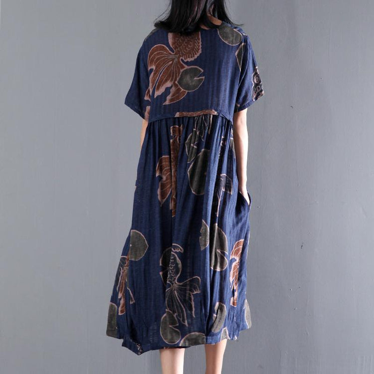 Original Navy floral print linen sundress plus size summer maxi dresses caftan gown - Omychic