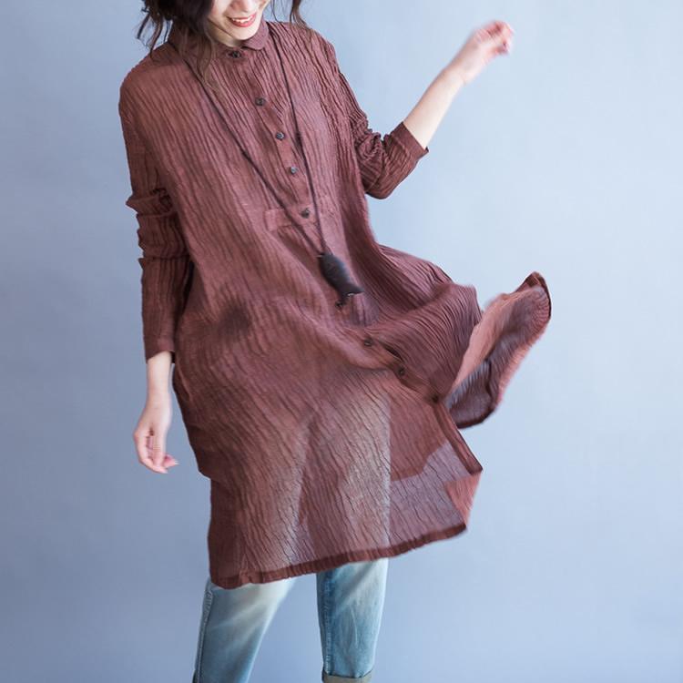 Original design Ruby pleated linen dresses long sleeve linen shirts plus size linen clothing - Omychic
