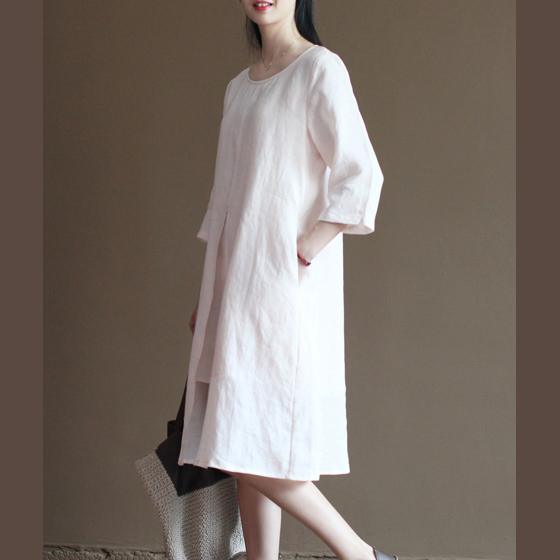 Original design pink linen sundress summer half sleeve dresses - Omychic