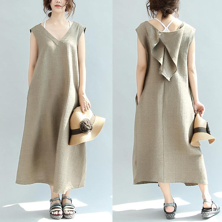 Original khaki casual linen dresses plus size v neck sundress sleeveless maxi dress - Omychic