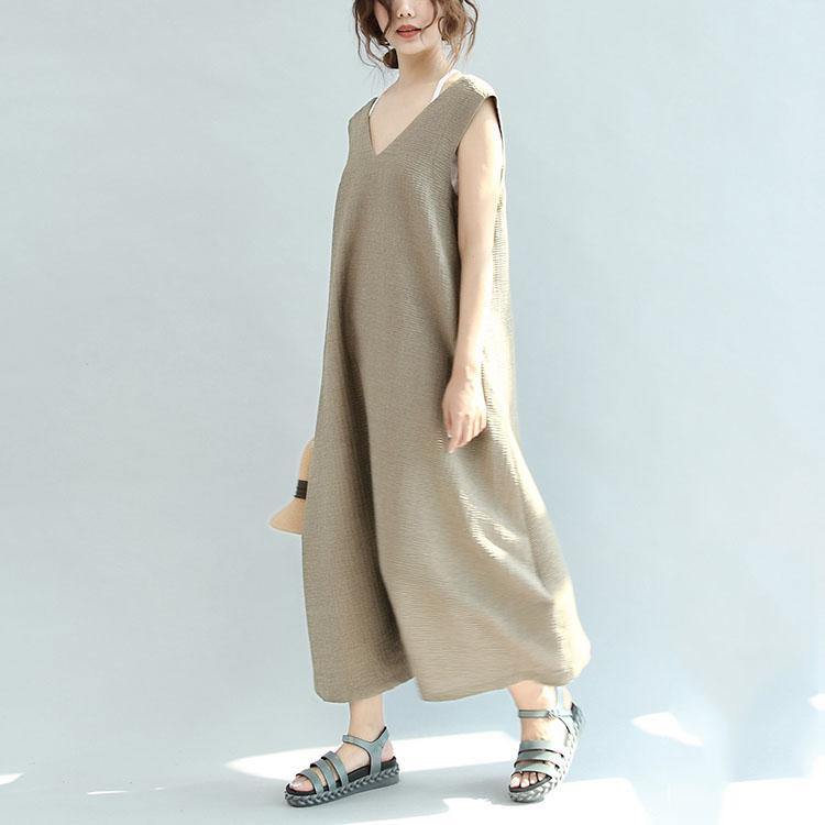 Original khaki casual linen dresses plus size v neck sundress sleeveless maxi dress - Omychic