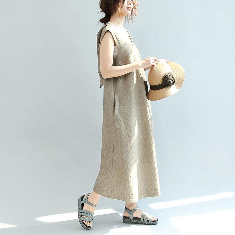 Original khaki casual linen dresses plus size v neck sundress sleeveless maxi dress - Omychic