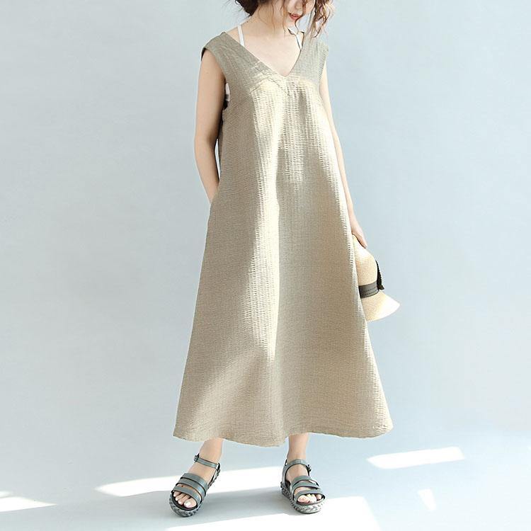 Original khaki casual linen dresses plus size v neck sundress sleeveless maxi dress - Omychic