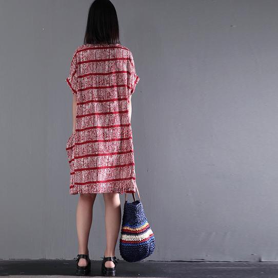 Original strips linen dresses short sleeve red casual dress oversize sundresses - Omychic