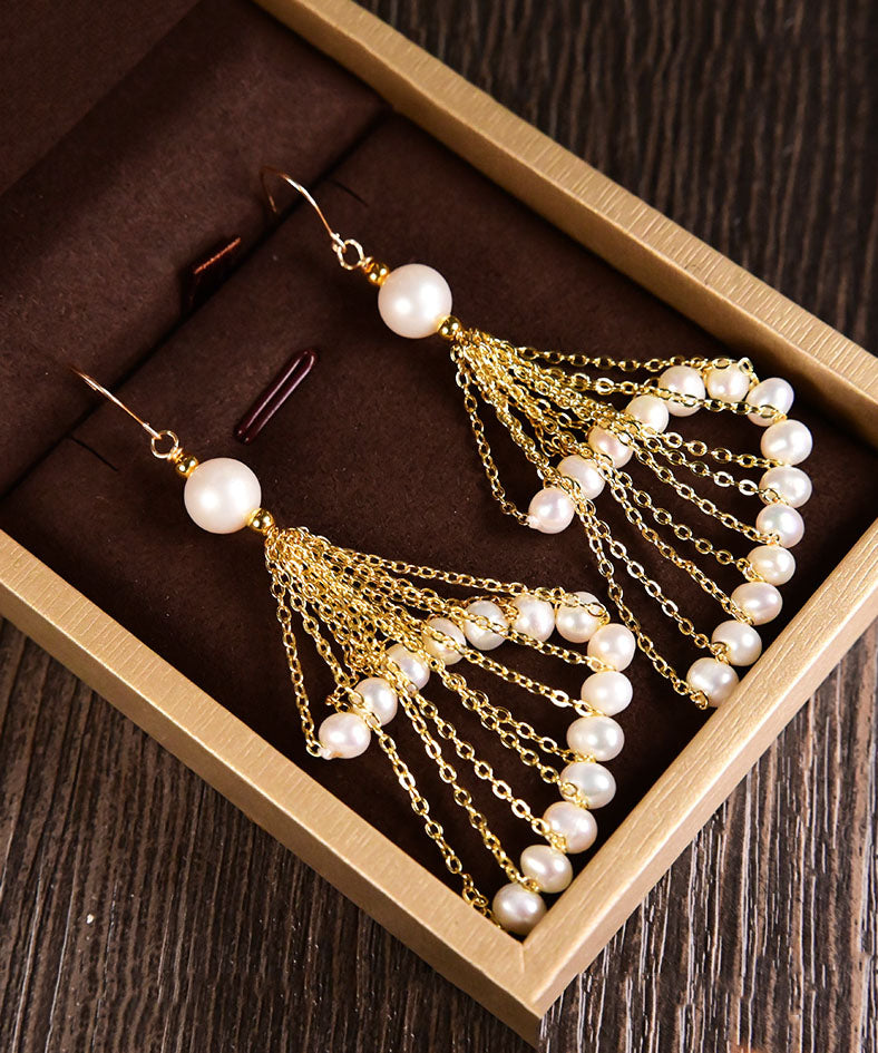 Oversize 14K Gold Pearl Tassel Drop Earrings