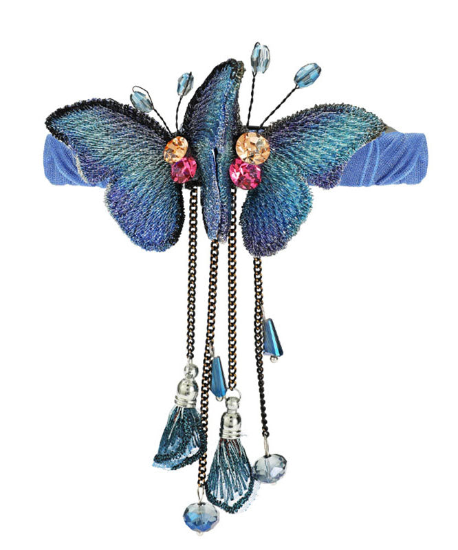 Oversize Blue Zircon Butterfly Embroidery Spring Tassel Hairpin