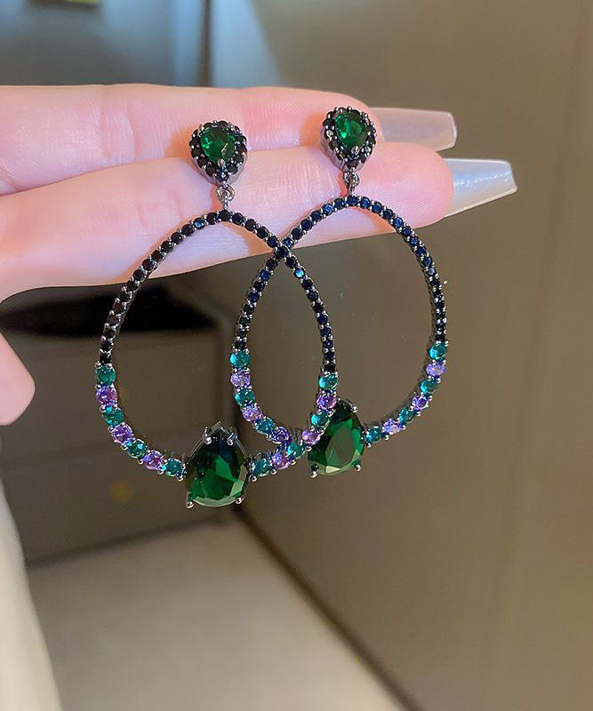 Oversize Green Sterling Silver Inlaid Zircon Water Drop Gem Stone Hoop Earrings