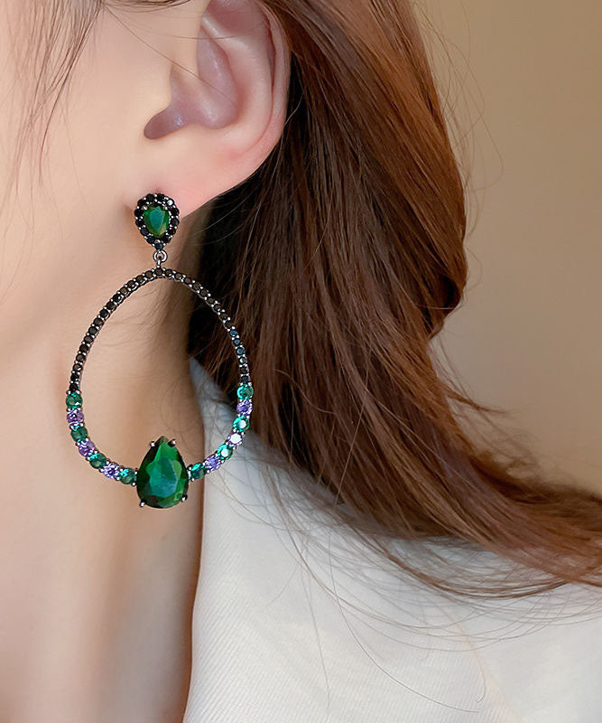 Oversize Green Sterling Silver Inlaid Zircon Water Drop Gem Stone Hoop Earrings