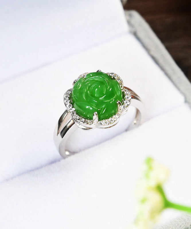 Oversize Green Sterling Silver Jade Zircon Floral Rings