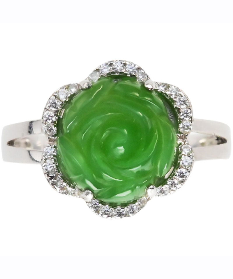 Oversize Green Sterling Silver Jade Zircon Floral Rings