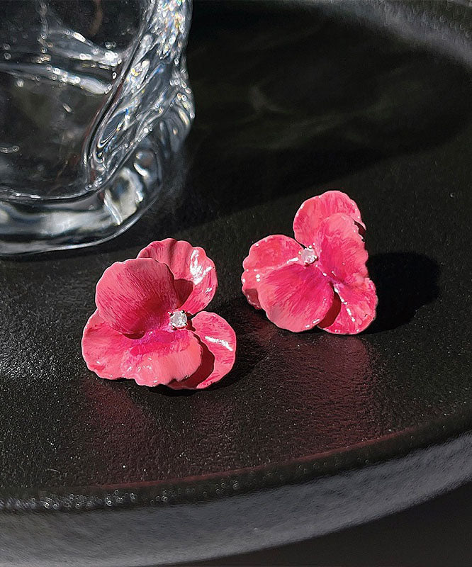 Oversize Pink Copper Zircon Floral Oil Drip Stud Earrings