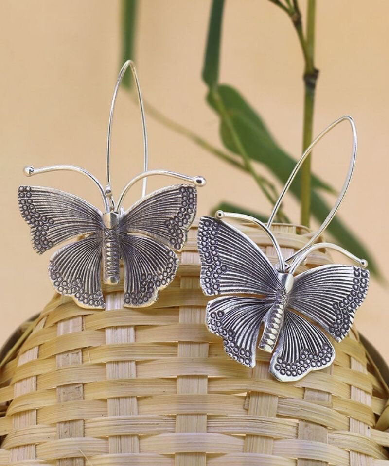 Oversize Silk Sterling Silver Butterfly Hoop Earrings