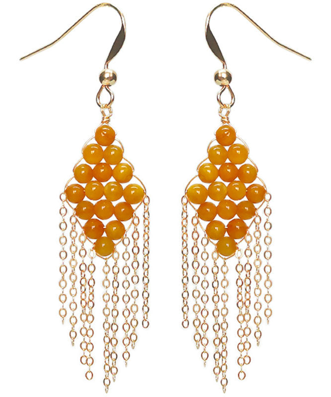 Oversize Yellow 14K Gold Amber Beeswax Tassel Drop Earrings