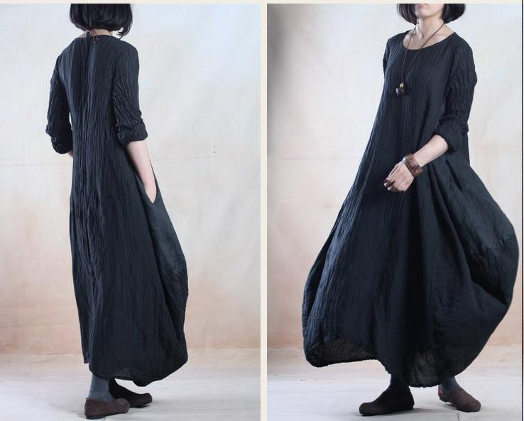 Oversize black linen maxi dress long holiday causal dress - Omychic